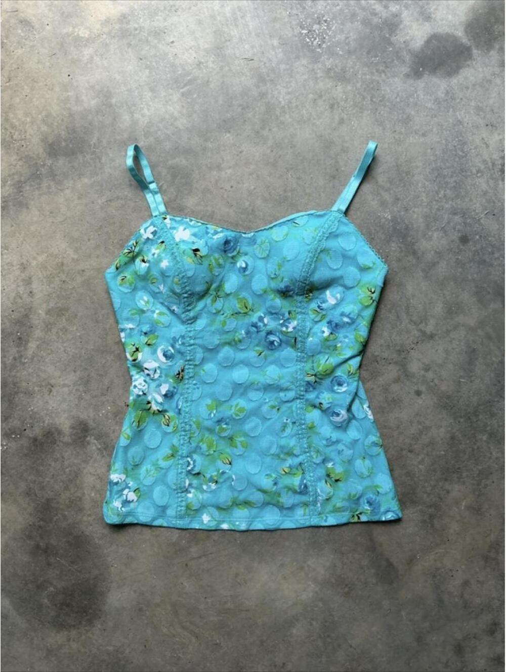 International Concepts Y2K Aqua Floral Lace Cami | Fairycore Mesh Corset Tank